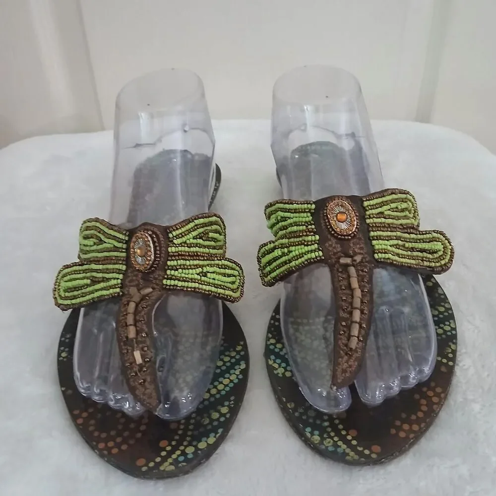 Y2K Vintage Beaded Dragonfly Flip Flop Thong Sandals 9 Boho Fairy Granola Earthy